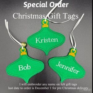 Embroidered Name Christmas ornament gift tags 3 piece set